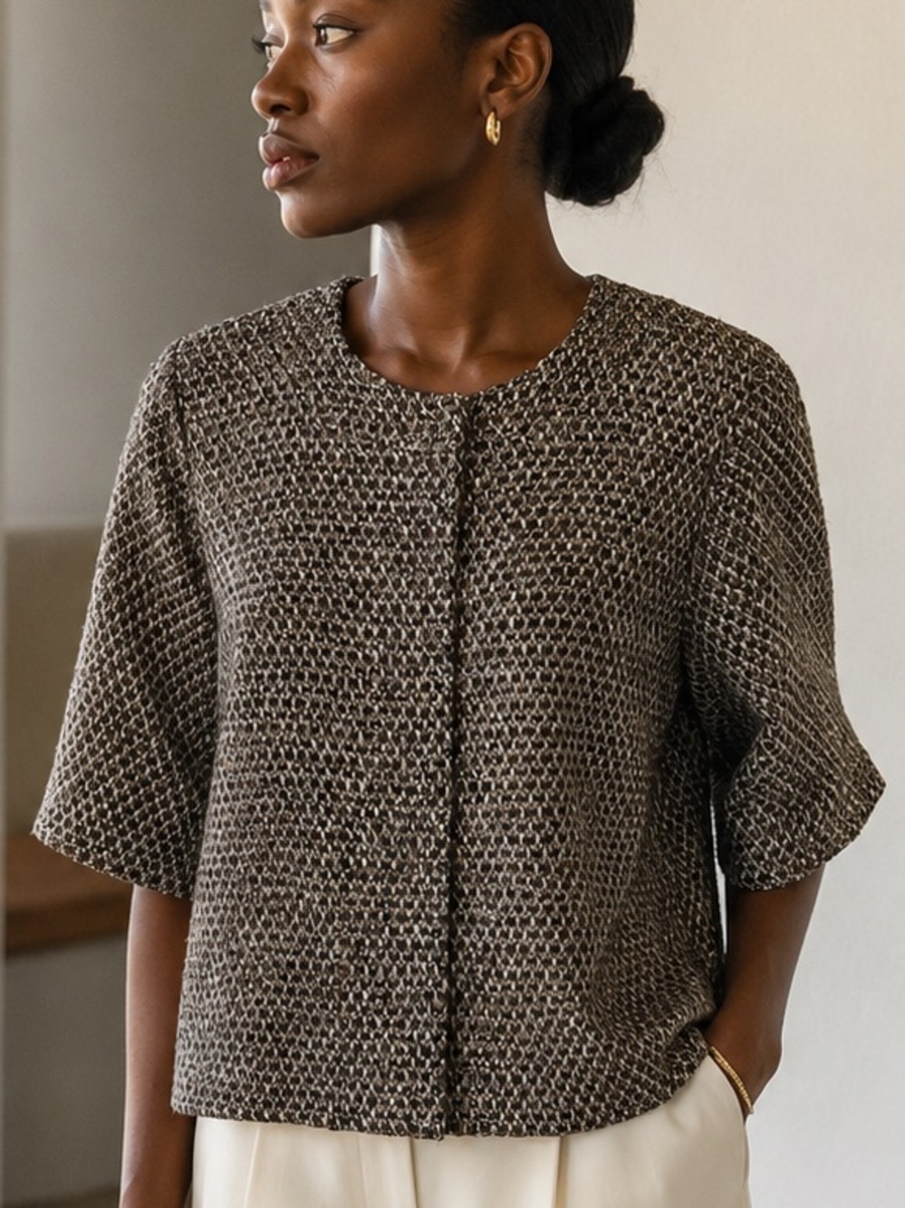 Eileen Fisher Brown Virgin Wool Alpaca Blend Tweed 3/4 Sleeve Jacket M